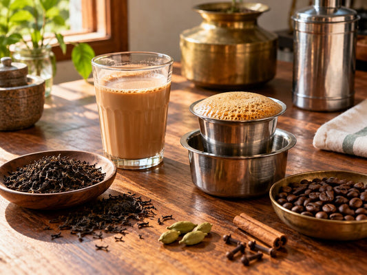 A glass of masala chai beside a steel tumbler and dabarah of South Indian filter coffee