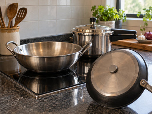 A flat-bottomed steel kadai and pressure cooker beside a black induction hob, a magnet on a pan base