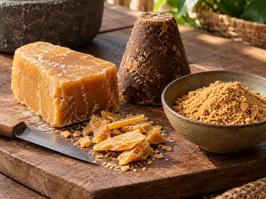 A cane jaggery block, a dark palm jaggery cone and a bowl of jaggery powder on a board