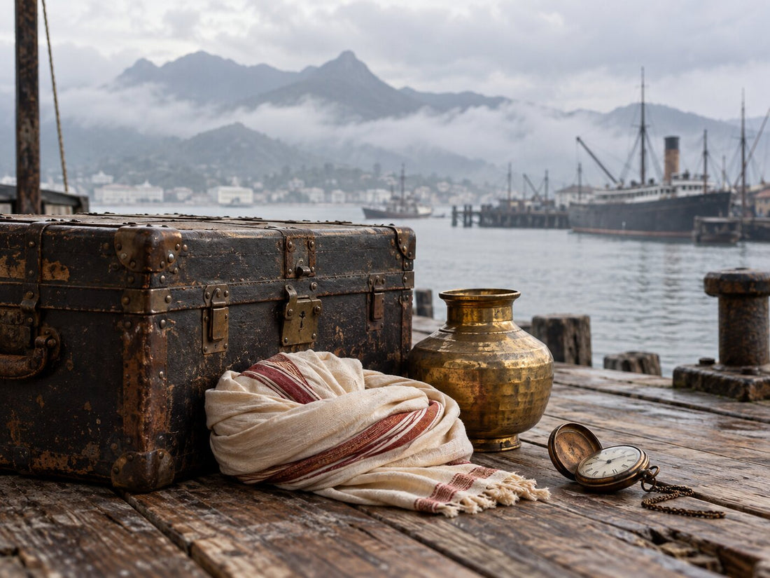 An old trunk, folded turban cloth and brass vessel on a dock with a misty harbour behind