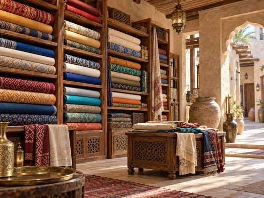 Generic Gulf textile-shop interior, generated illustration