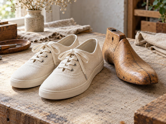 Unbranded canvas shoes and a wooden shoe last, generated illustration