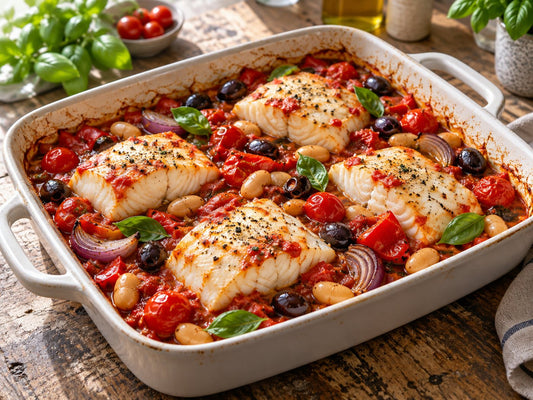 Cod traybake with tomato, butter beans and olives, generated illustration