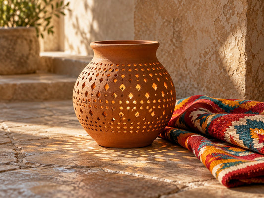Glowing perforated earthen pot and colourful cloth, generated illustration