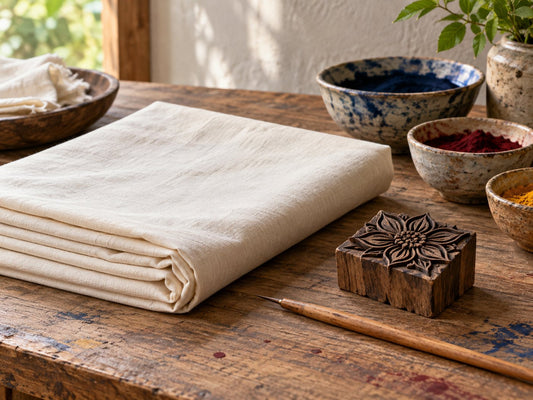 Cotton cloth, printing block and drawing tools, generated illustration