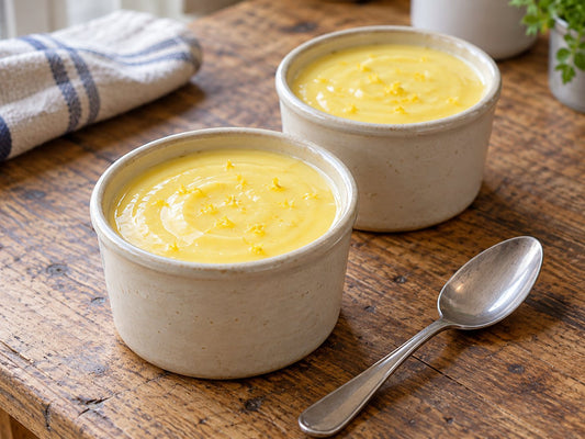 Lemon cream posset in small ceramic pots, generated illustration