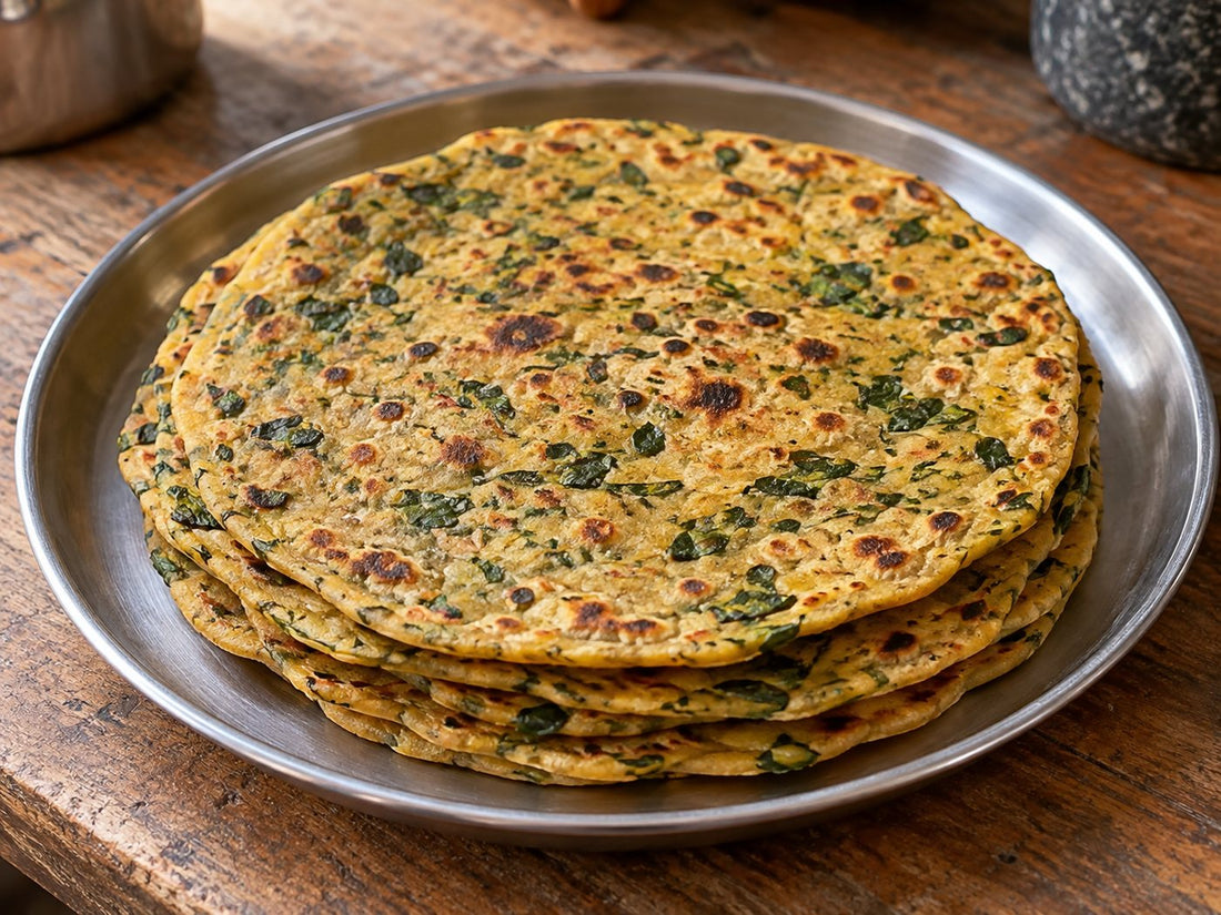 Methi thepla flatbreads with fresh fenugreek leaves, generated illustration