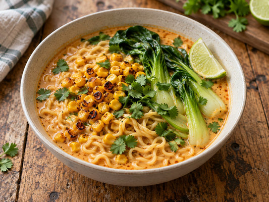 Peanut and coconut ramen with sweetcorn and pak choi, generated illustration