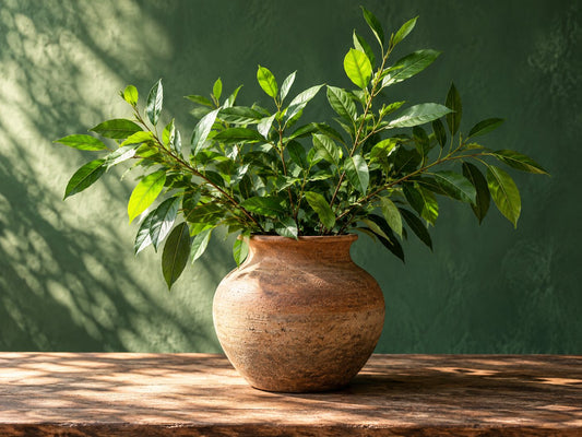 Leafy branches in an earthen pot, generated illustration