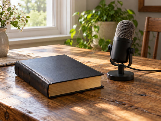 Unmarked book and microphone for a listening archive, generated illustration