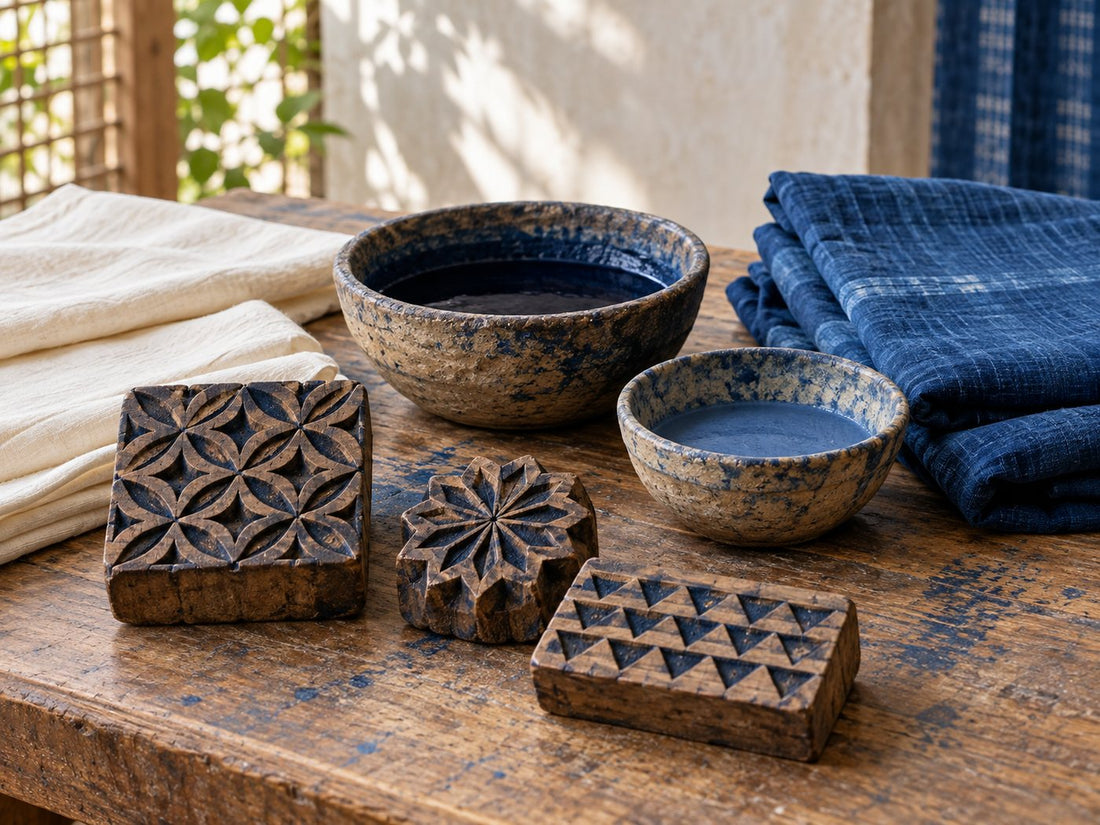 Textile printing blocks and indigo cloth, generated illustration