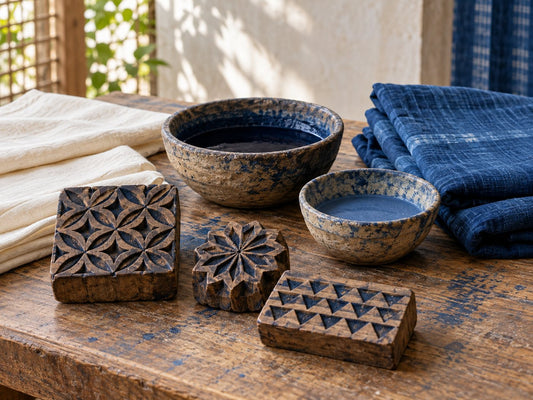 Textile printing blocks and indigo cloth, generated illustration