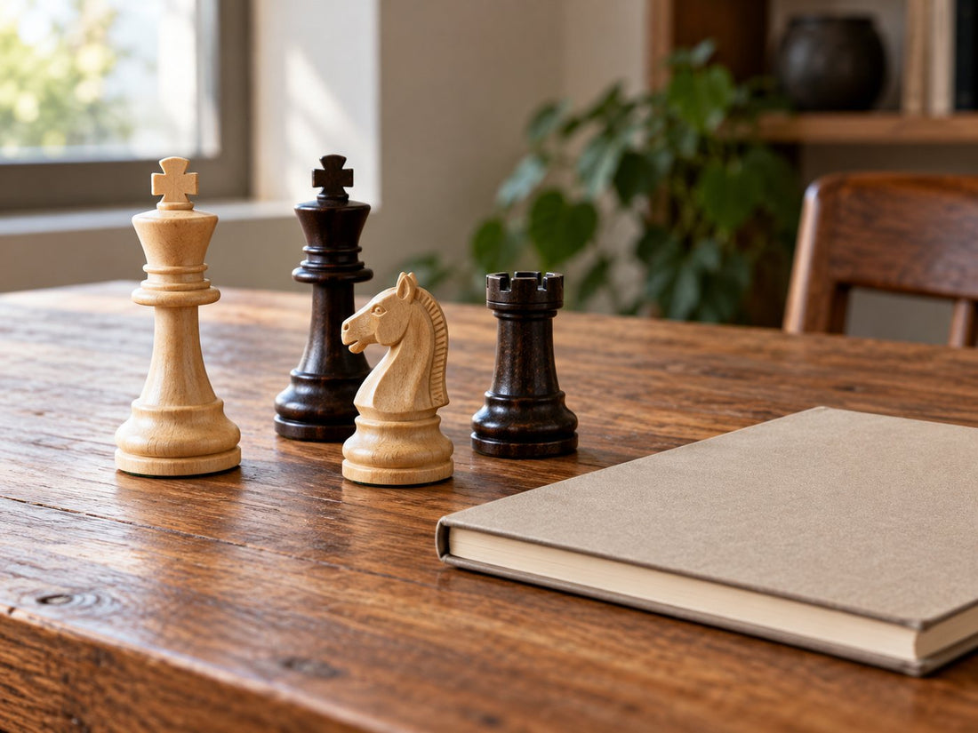 Wooden chess pieces and notebook, generated illustration