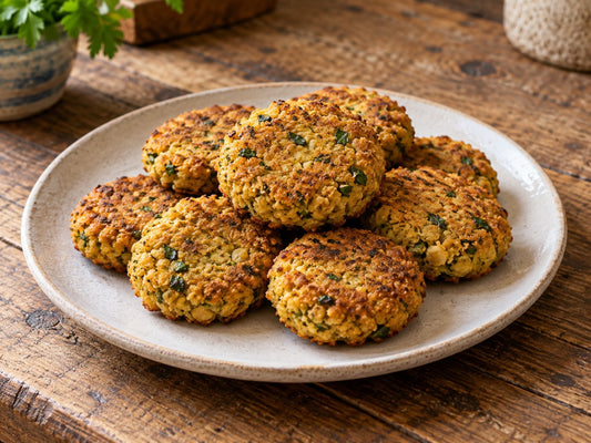 Small flattened baked chickpea patties with a rough-textured golden crust and visible green parsley flecks, no sauce or garnish, generated illustration
