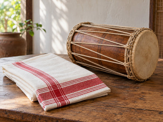 Folded cotton textile and a drum, generated illustration