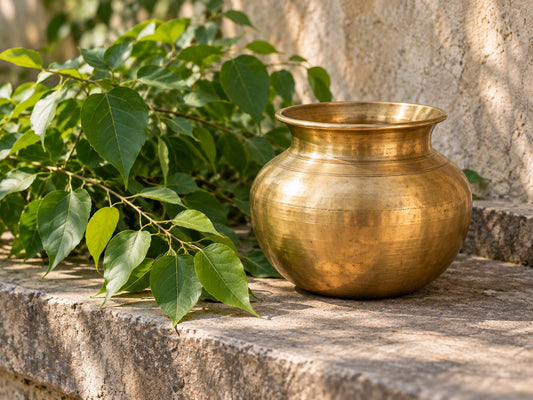 Plain brass vessel and green branches, generated illustration