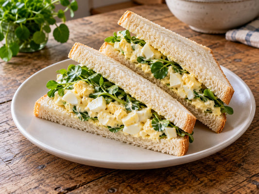White bread sandwich triangles with chopped hard-boiled eggs in creamy mayonnaise and fresh green watercress, no runny yolk, tomato, lettuce or ham, generated illustration