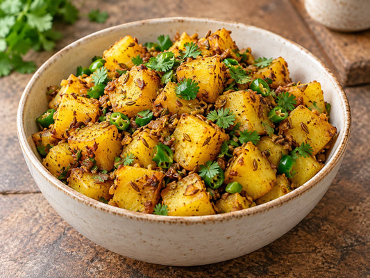 Golden turmeric-coloured cooked potato cubes with abundant whole cumin seeds, small green chilli pieces and chopped coriander, a dry side dish without sauce, generated illustration