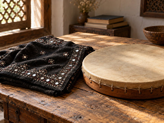 Mirror-embroidered cloth and frame drum, generated illustration