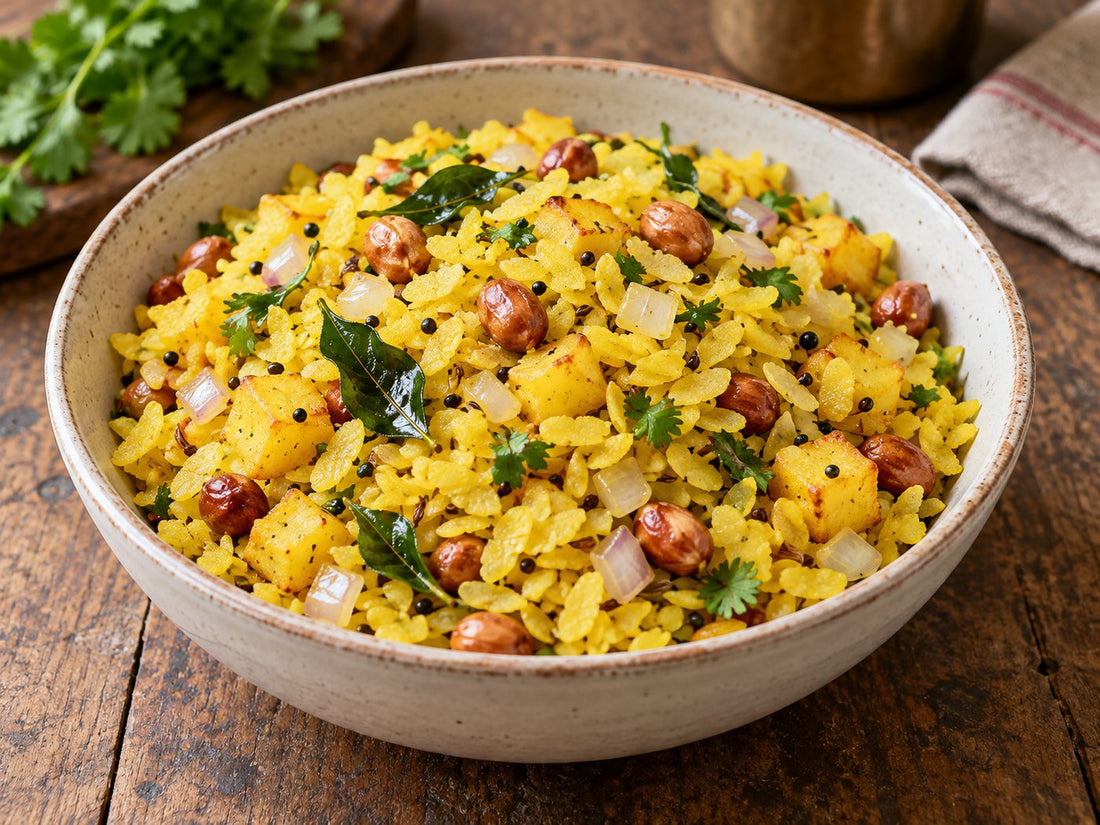 Fluffy yellow flattened rice flakes with finely chopped onion, small golden potato cubes, whole toasted peanuts, black mustard and cumin seeds, curry leaves and a little chopped coriander, generated illustration