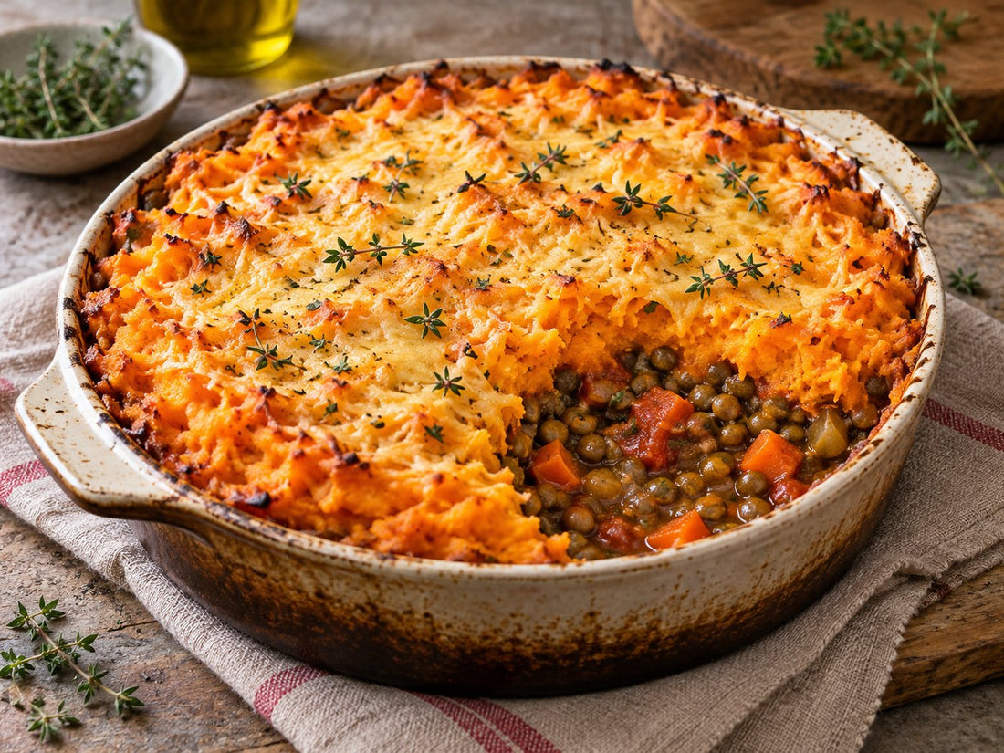 A rustic baked pie in a ceramic dish with orange sweet-potato mash, a lightly golden grated cheddar topping and a serving opening revealing green lentils, tomato and carrot chunks, generated illustration