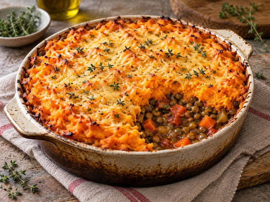 A rustic baked pie in a ceramic dish with orange sweet-potato mash, a lightly golden grated cheddar topping and a serving opening revealing green lentils, tomato and carrot chunks, generated illustration