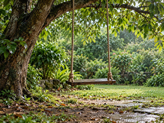 Empty courtyard swing after rain, generated illustration