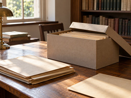 Archival folders on a reading desk, generated illustration