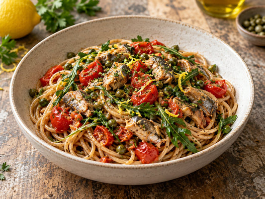 Wholemeal spaghetti topped with chopped cooked red tomatoes, small chunks of canned sardines, capers and wilted rocket, lemon zest and chopped parsley, generated illustration