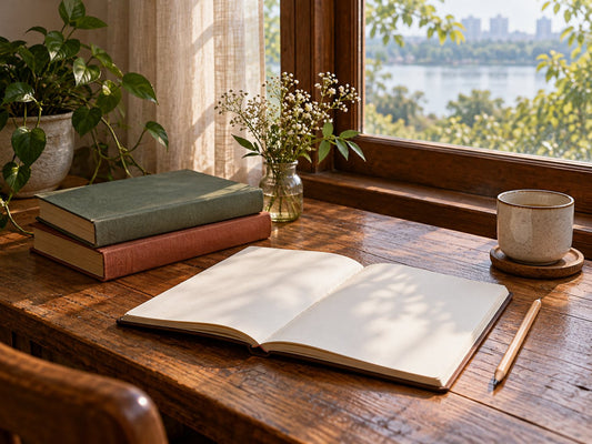 Poetry books and blank reading notebook, generated illustration