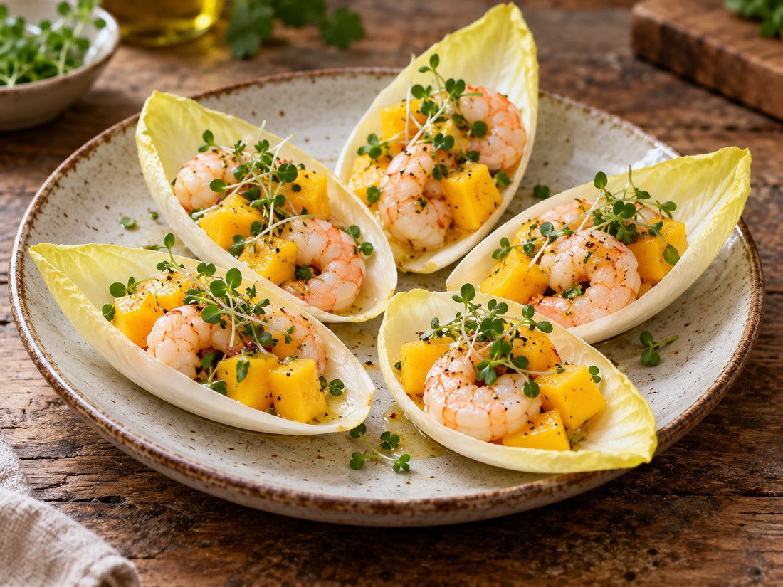 Chicory cups with prawns and mango, generated illustration