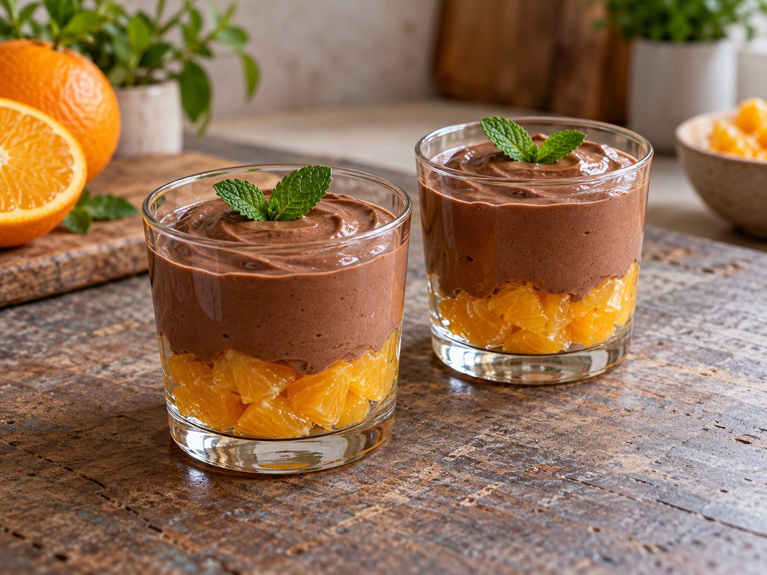 Chocolate yoghurt and orange dessert glasses, generated illustration