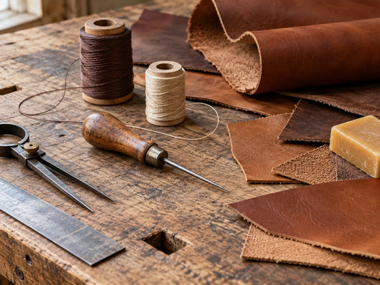 Leatherworking tools and offcuts, generated illustration