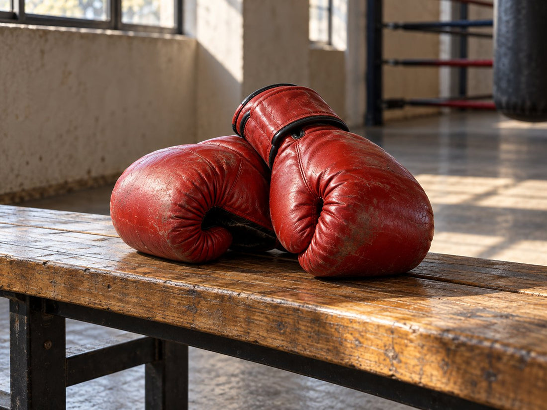 Boxing gloves on a gym bench, generated illustration