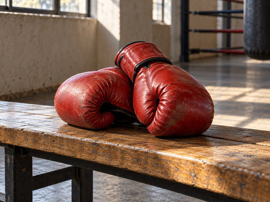 Boxing gloves on a gym bench, generated illustration