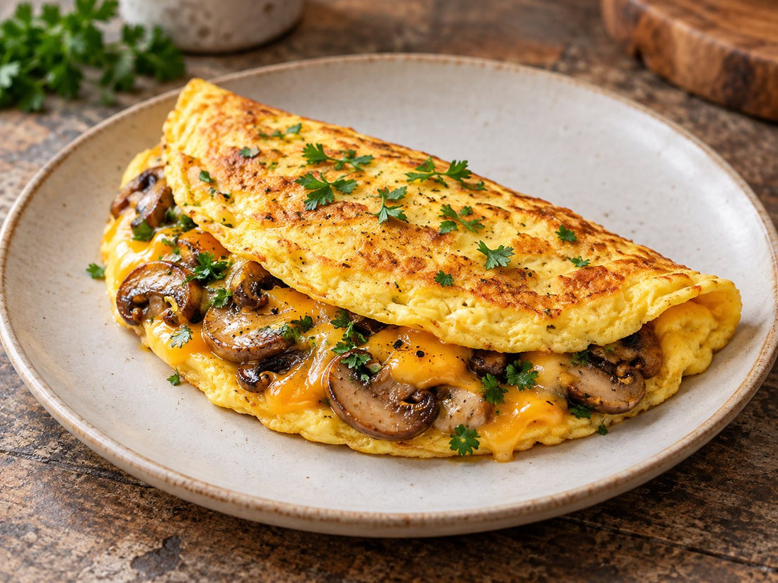 Mushroom and cheddar omelette, generated illustration