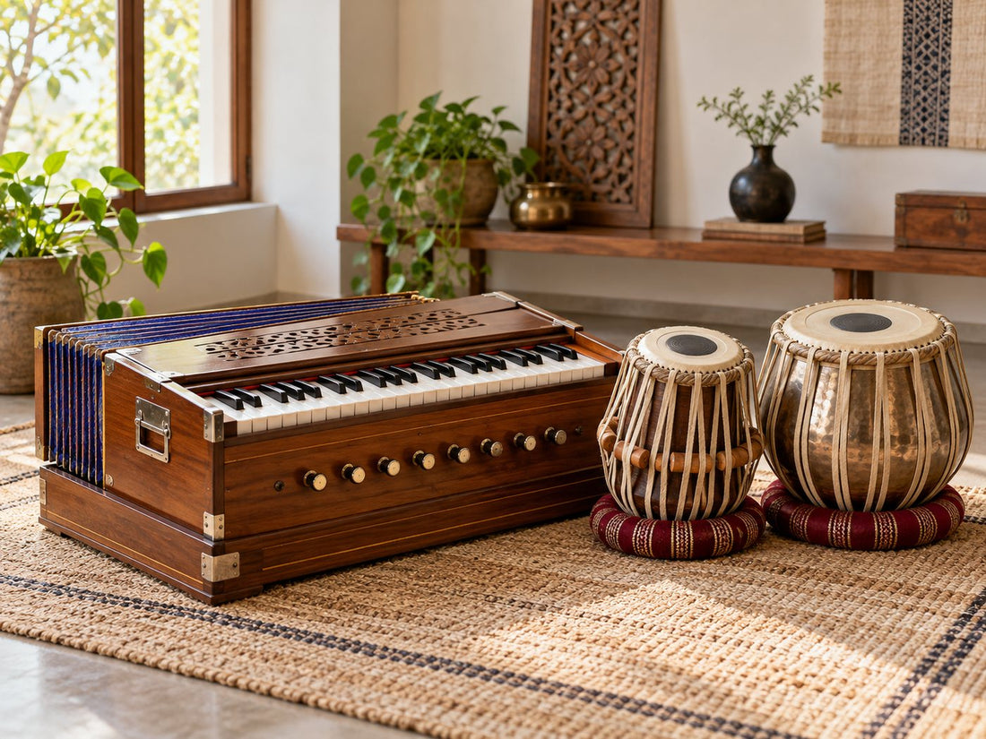 Harmonium and tabla for a listening guide, generated illustration