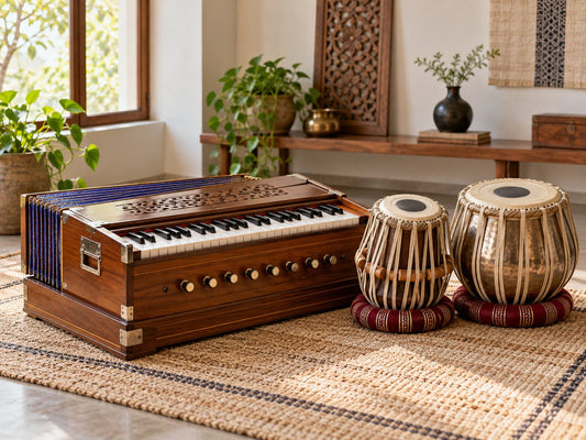 Harmonium and tabla for a listening guide, generated illustration
