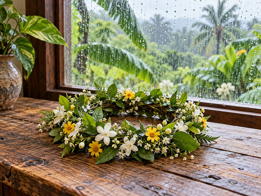 Leaf and flower crown by a rainy window, generated illustration
