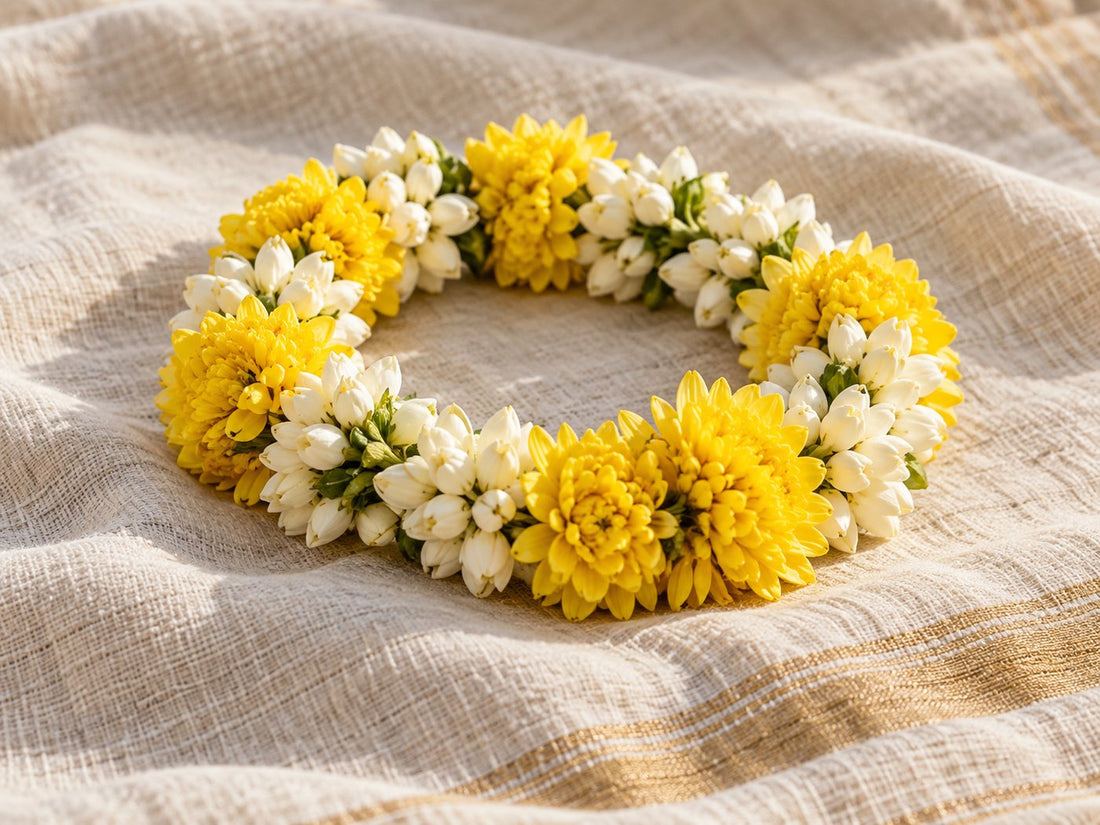 Flower garland on a woven cloth, generated illustration