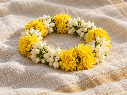Flower garland on a woven cloth, generated illustration