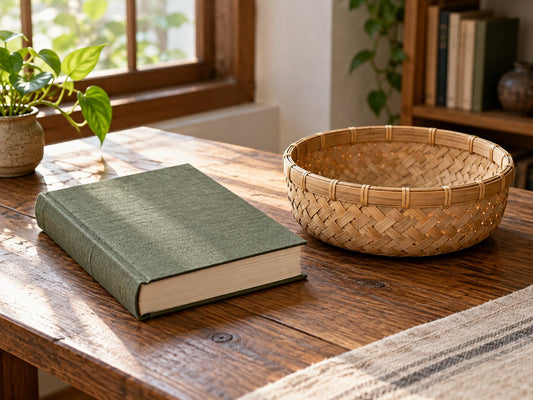 Book and bamboo basket, generated illustration