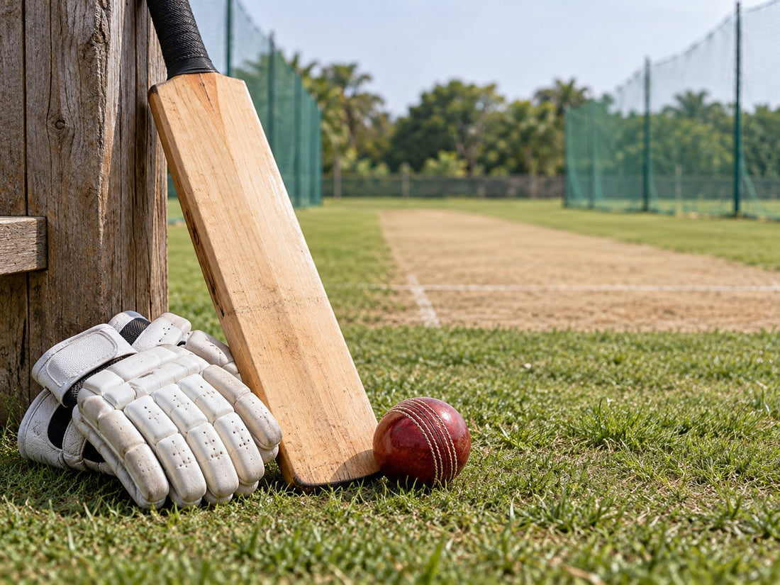 Cricket equipment beside a practice pitch, generated illustration