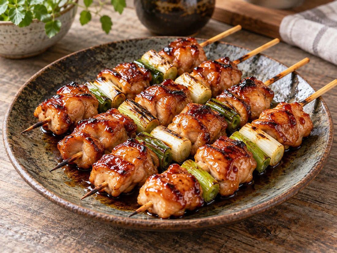 Yakitori-style chicken and spring onion skewers, generated illustration
