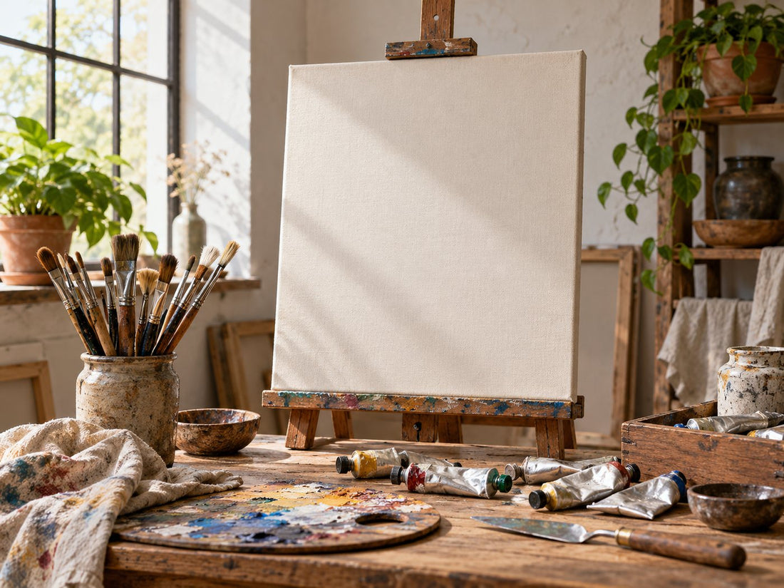 Brushes beside an unpainted canvas, generated illustration