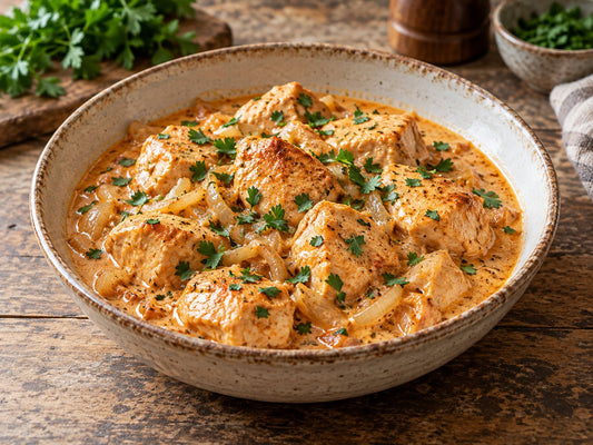 Chicken stroganoff with parsley, generated illustration