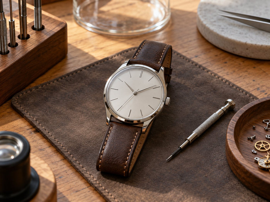 Generic wristwatch and watchmaker’s tool, generated illustration