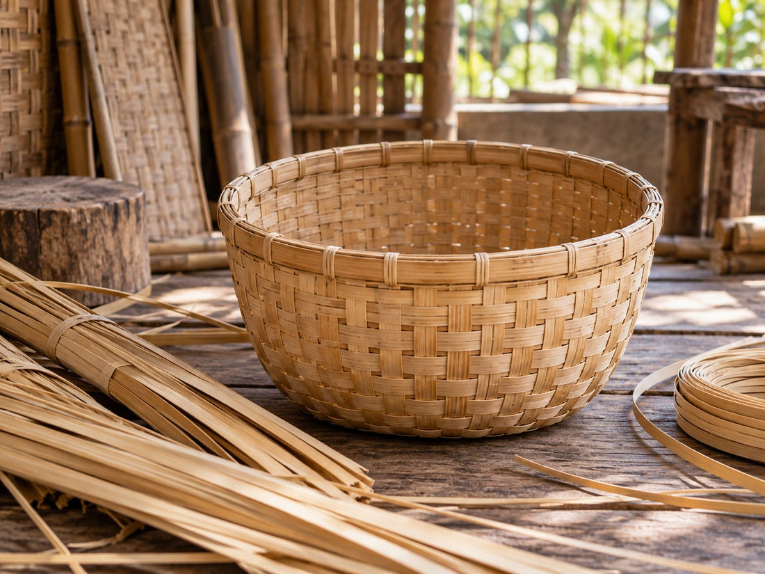 Bamboo basket and weaving materials, generated illustration