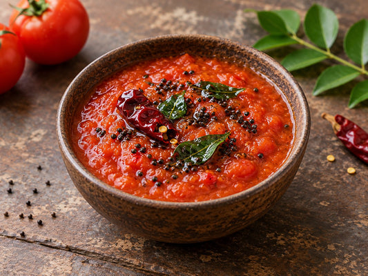 Tomato chutney with mustard and curry leaves, generated illustration