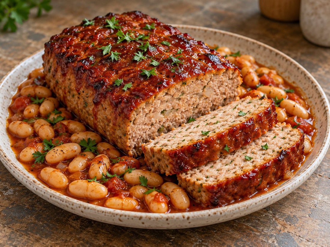Turkey meatloaf with barbecue beans, generated illustration